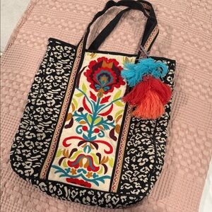 Vibrant Embroidered Tote Bag with Tassels